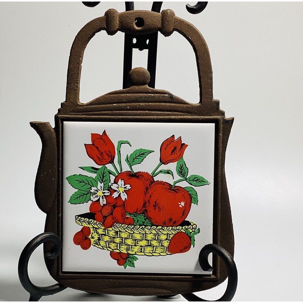 Trivet Ceramic Tile Red Apples Tulips Basket Taiwan Brown Iron 8in